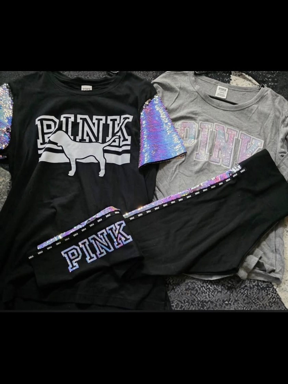 PINK Victoria's Secret Black Tee with Iridescent Sequin Sleeves